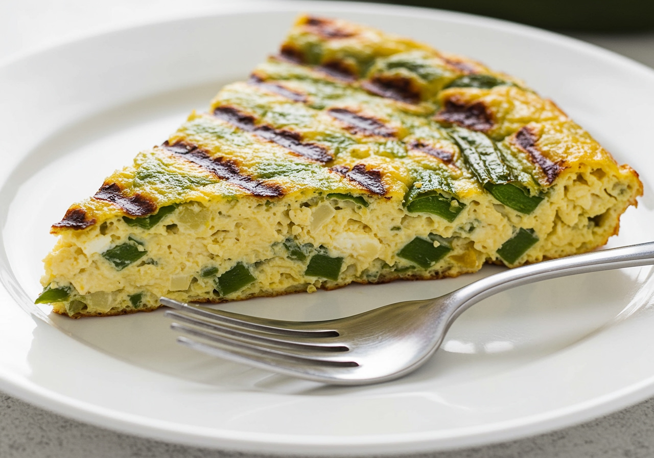 A slice of grilled poblano frittata on a plate with a fork, showing the texture and ingredients inside.