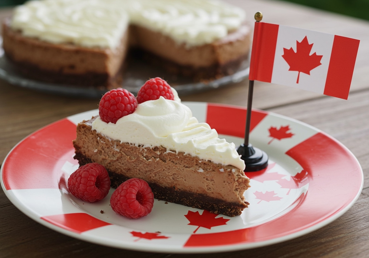 A slice of healthy Nanaimo bar cheesecake on a festive Canada Day themed plate, next to a small Canadian flag.