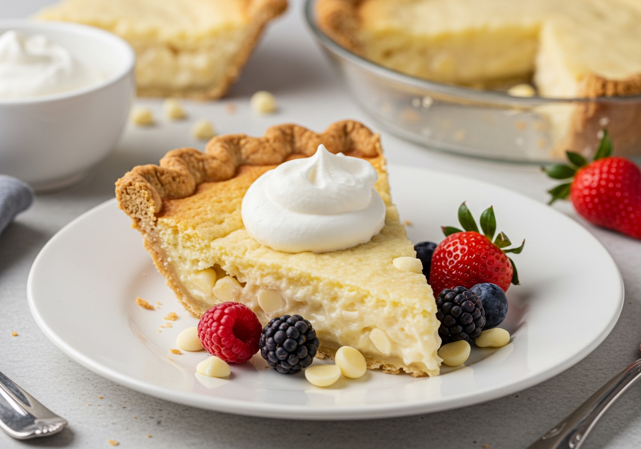 A slice of homemade white chocolate chip buttermilk pie on a white plate, garnished with a dollop of whipped cream and a few fresh berries. The pie slice shows a creamy filling and visible white chocolate chips.