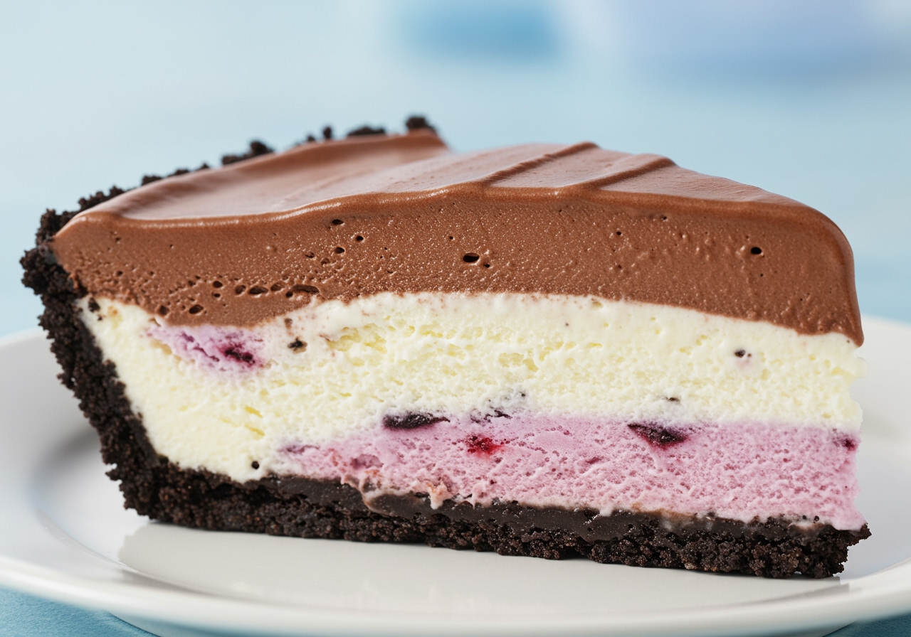 A slice of ice cream pie on a plate, showing distinct layers