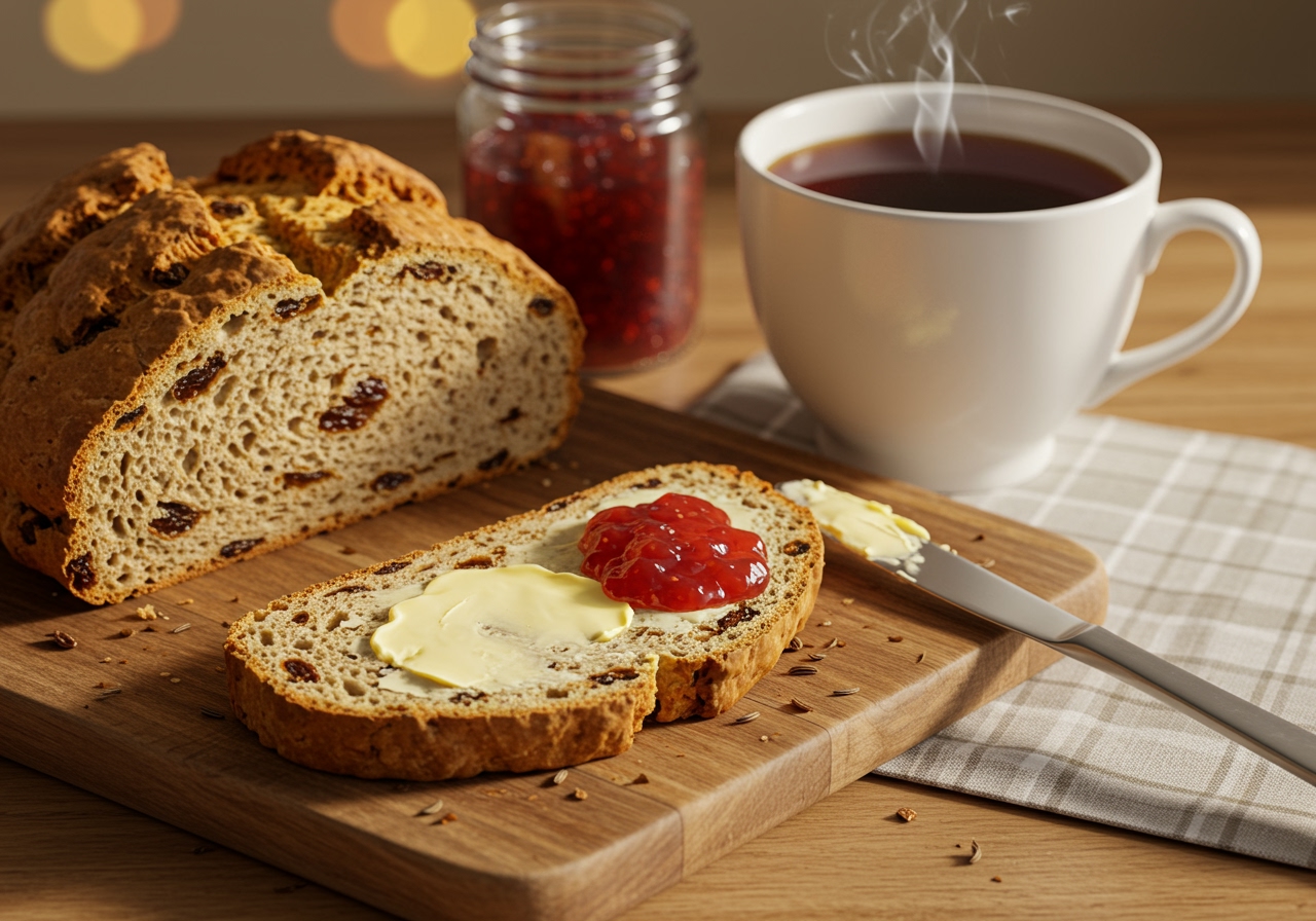 A slice of Irish soda bread spread with butter and jam, placed next to a cup of tea.