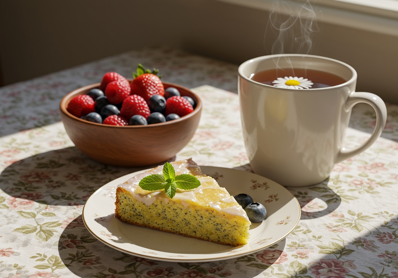 A slice of lemon poppy seed quick cake on a plate with a cup of hot tea and a small bowl of fresh berries, cozy setting, afternoon tea vibes.