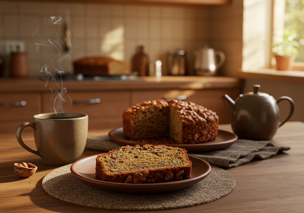 A slice of nut bread placed on a plate with a cup of coffee or tea in the background, set in a cozy kitchen scene.