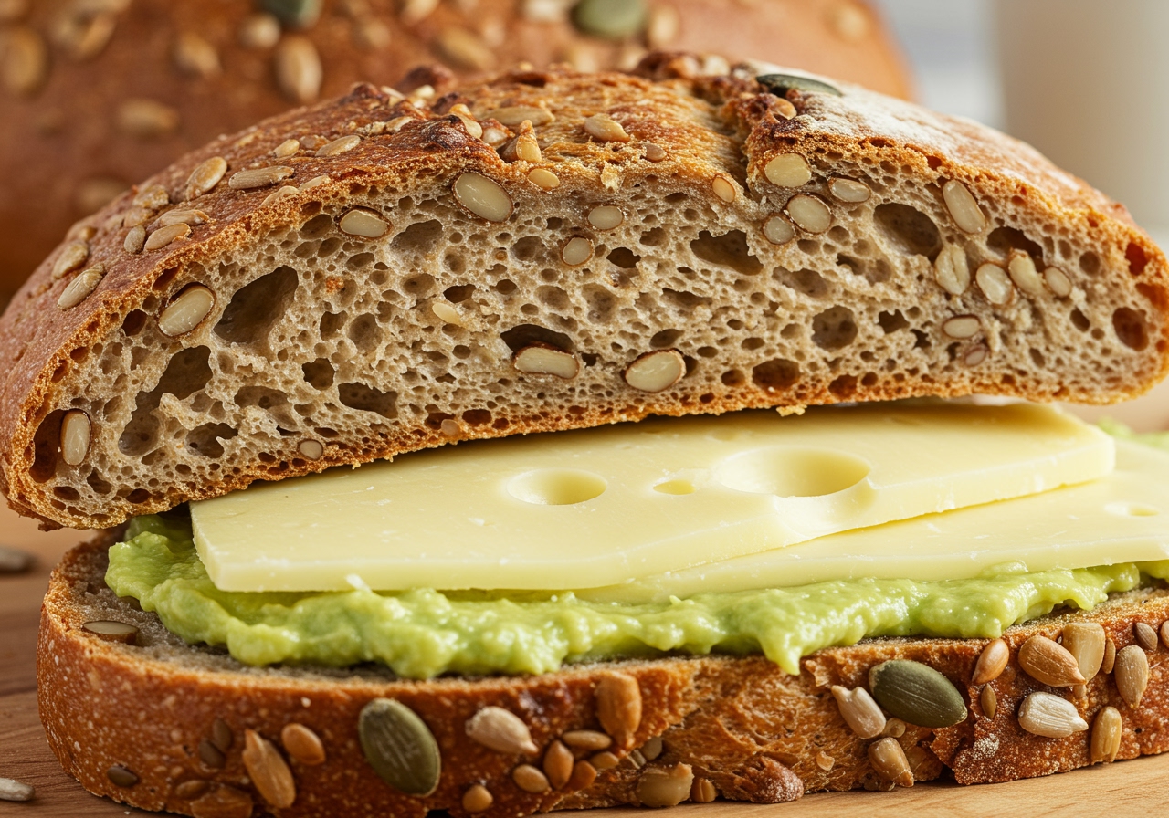 A slice of nut bread with clear texture showing nuts and seeds, perhaps spread with avocado or cheese.