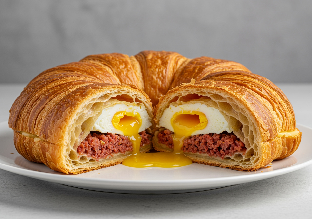 A slice of the baked croissant ring on a plate, showing the layers of flaky pastry, the corned beef hash filling, and the runny egg yolk spilling out slightly.