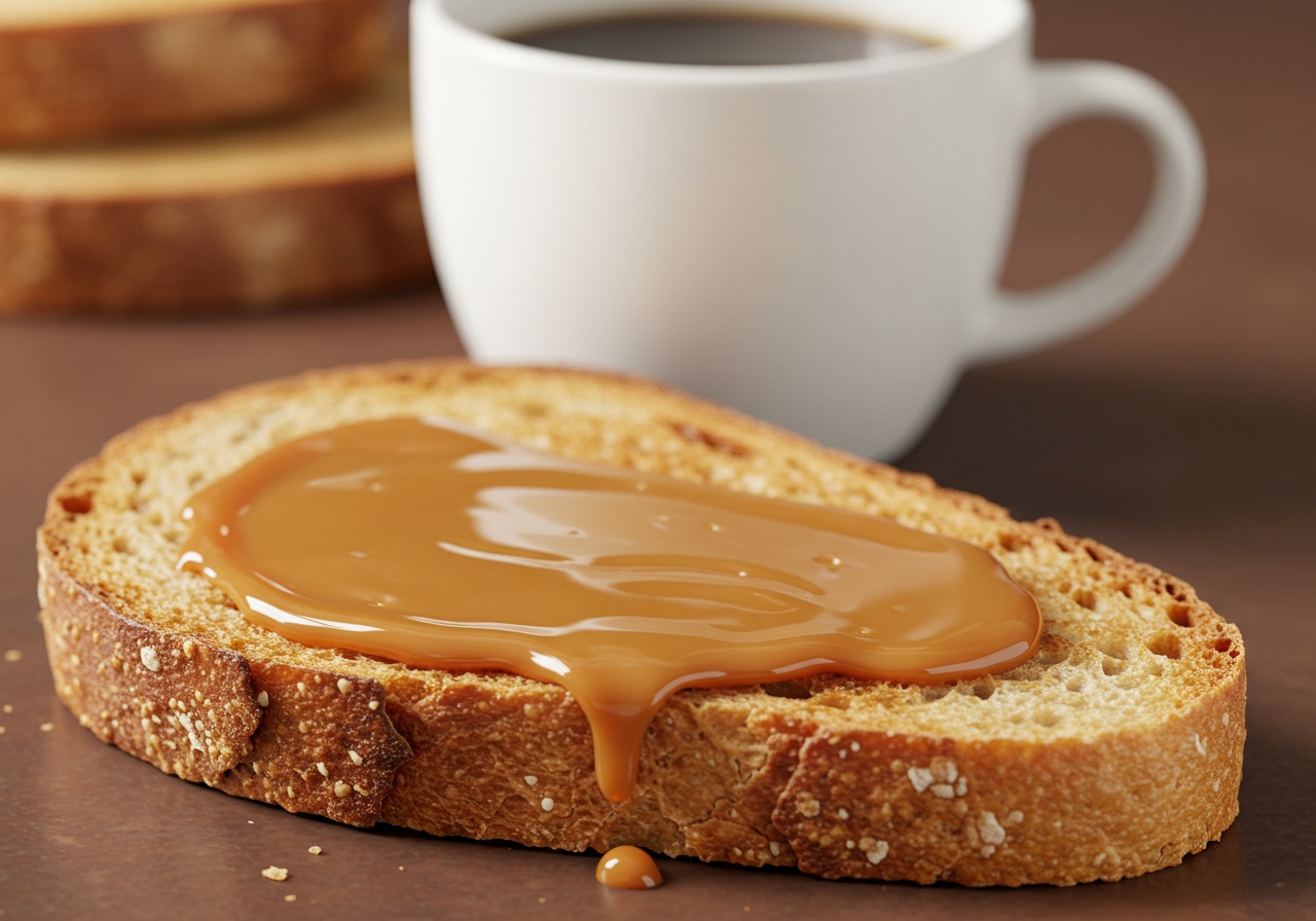 A slice of toast with a generous spread of dulce de leche, with a cup of coffee in the background.