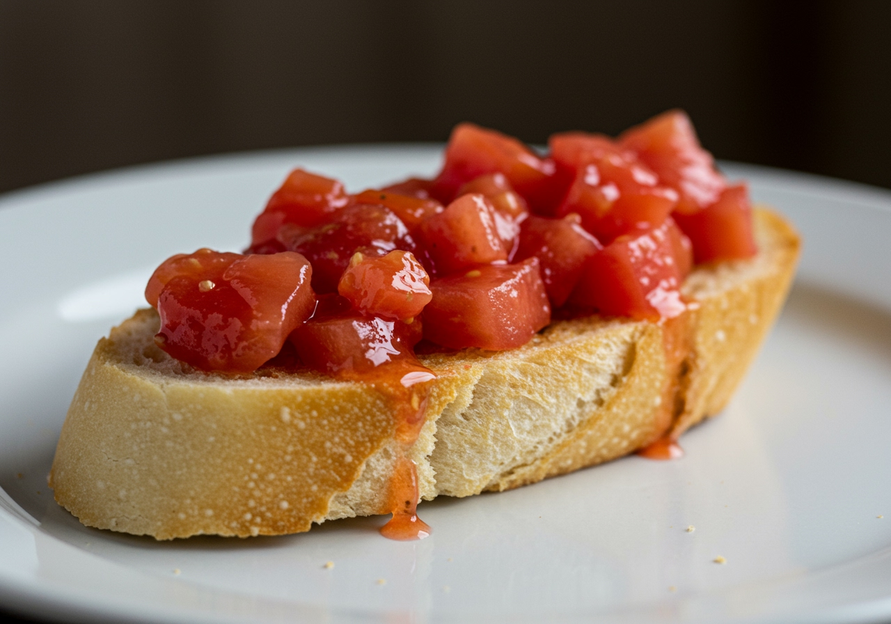 A slice of toasted baguette topped with cold tomato marinade, served on a plate