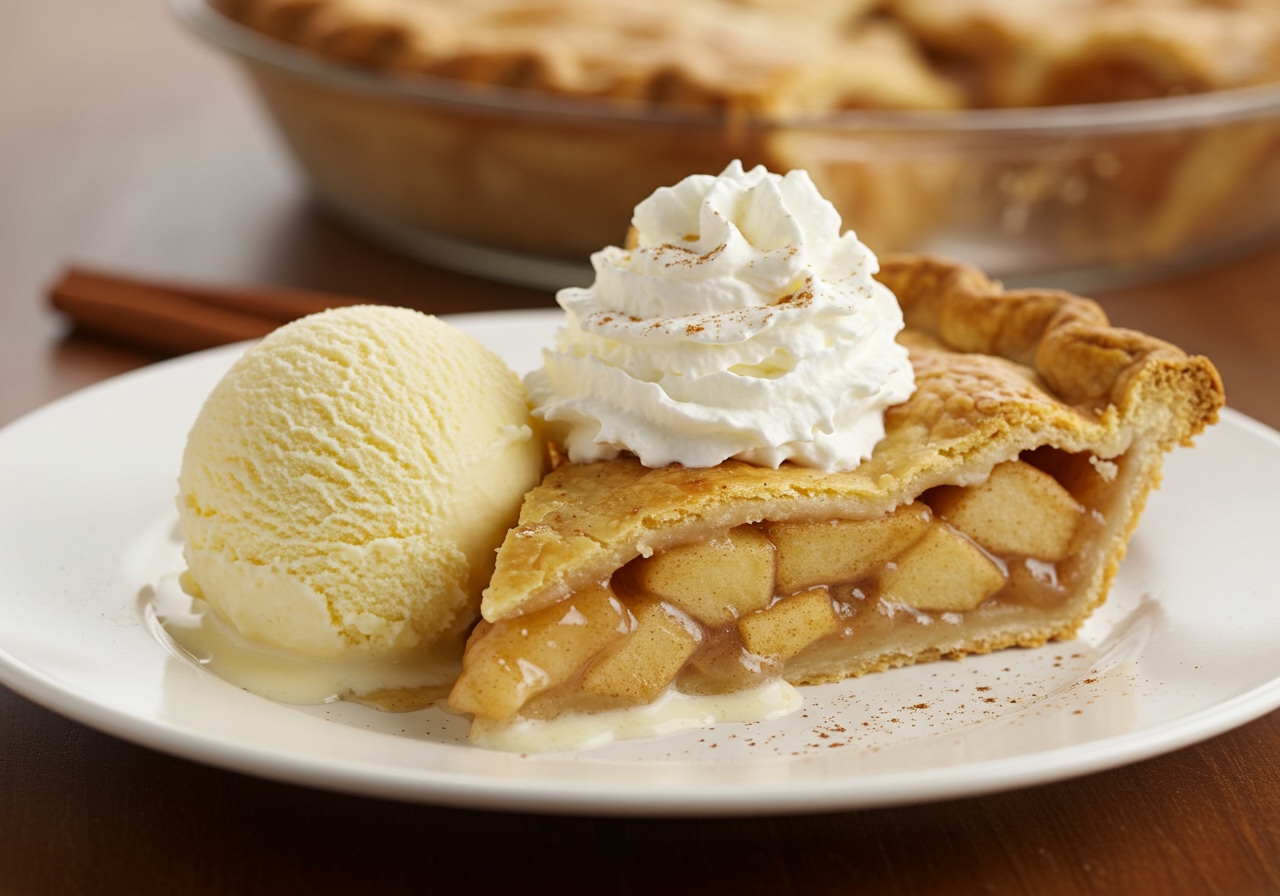 A slice of warm apple pie with a scoop of vanilla ice cream (or custard) and a dollop of whipped cream, sprinkled with cinnamon.