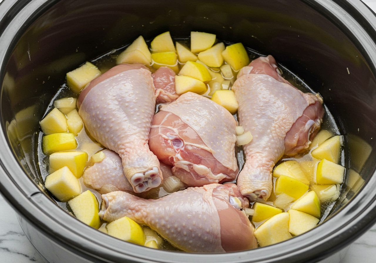 A slow cooker pot filled with chicken pieces, apple chunks, onions, and liquid before cooking.
