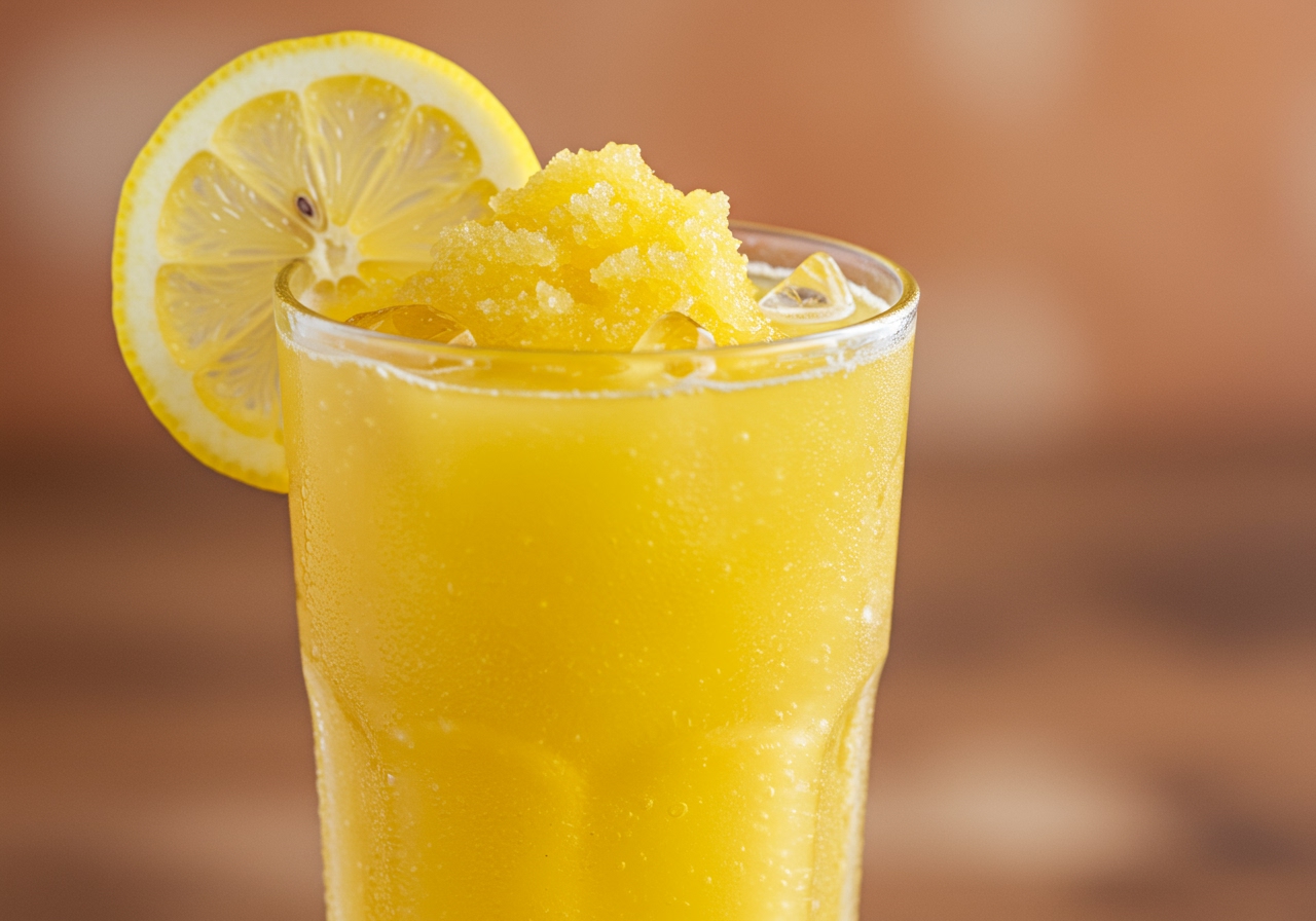 A slushy frozen lemonade or tea drink in a tall glass, garnished with a lemon slice.