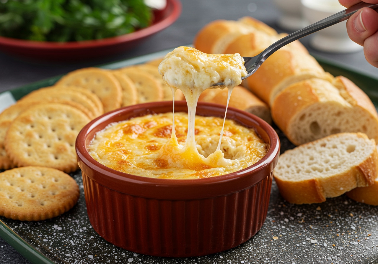 A small bowl of Christmas cheese dip with a spoon scooping out a portion, showing the melted, gooey texture. In the background, a festive serving platter with crackers and baguette slices.