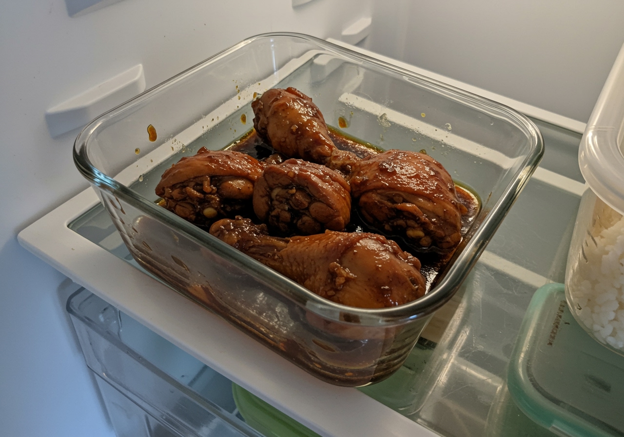 A small, covered dish or container storing leftover Chicken Adobo in a refrigerator.