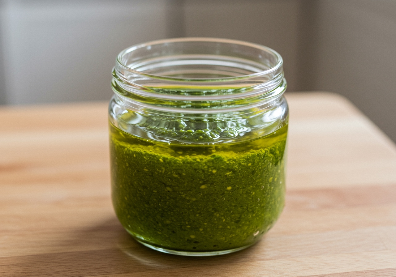 A small glass jar filled with bright green lemon pesto, topped with a layer of olive oil, sitting on a kitchen counter.