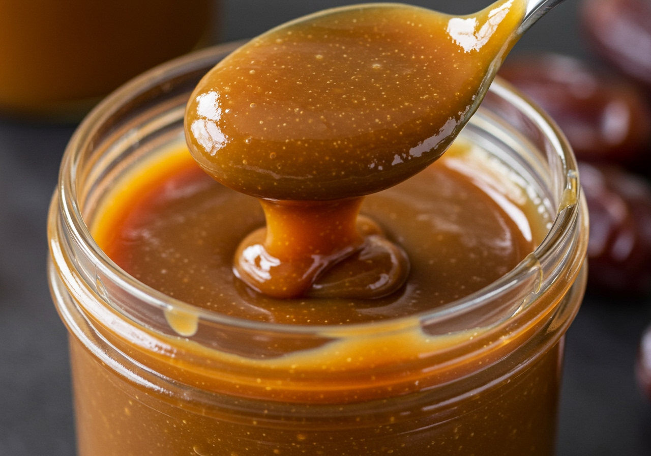 A small glass jar filled with luscious, golden-brown healthy caramel sauce, made with dates. The texture looks smooth and thick, and a spoon is dipping into it.