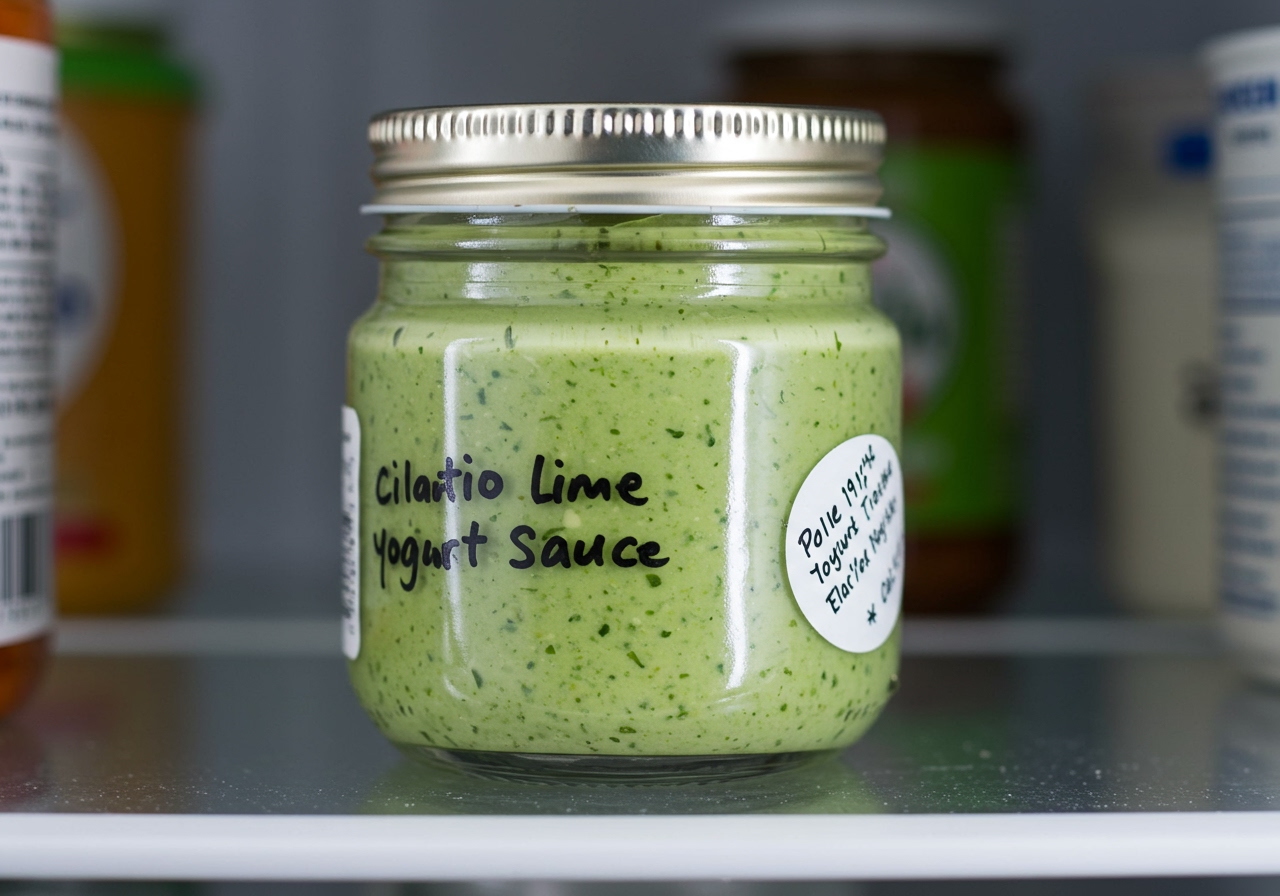 A small glass jar filled with the cilantro lime yogurt sauce, labeled and stored in a refrigerator shelf.