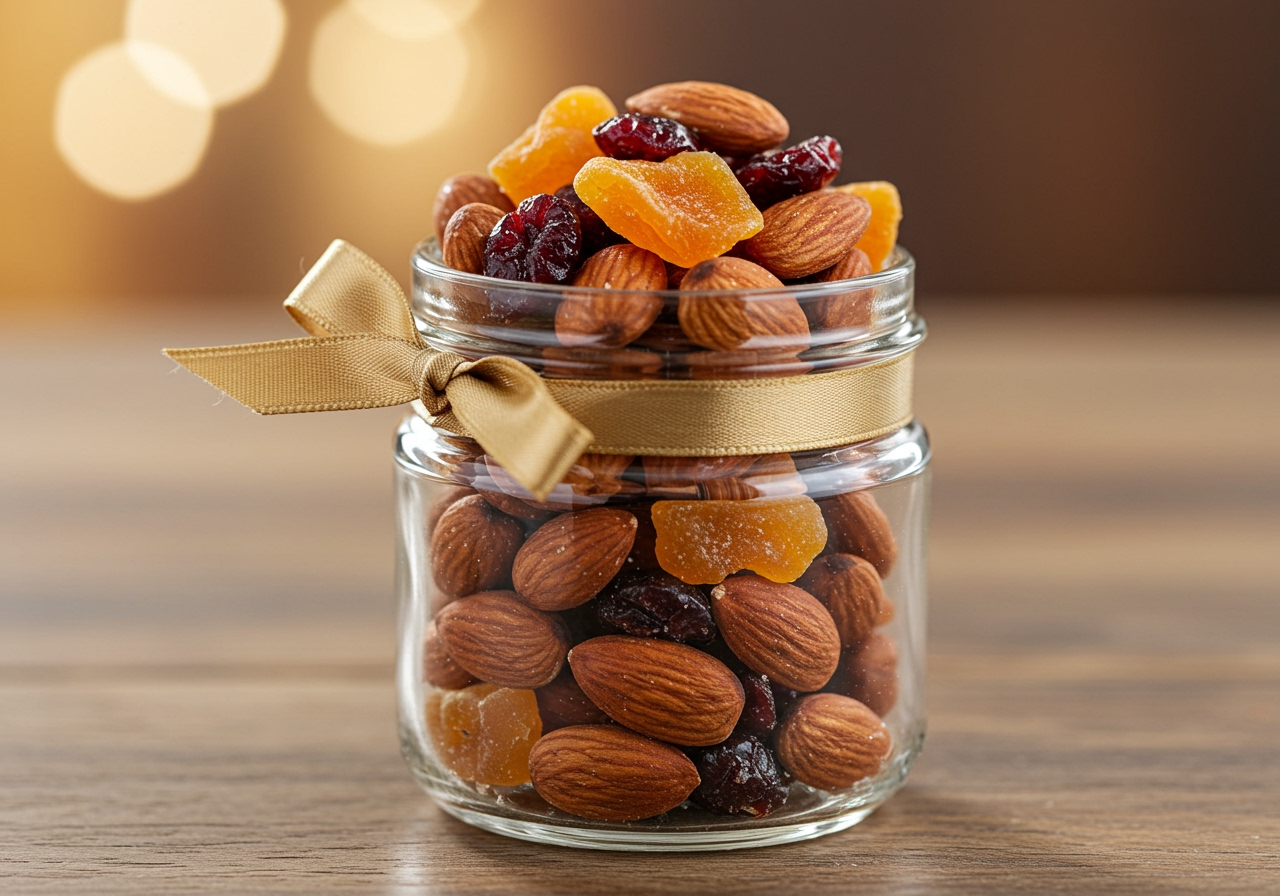 A small glass jar filled with various almond snacks, some mixed with dried fruits, ready for gifting or on-the-go snacking.