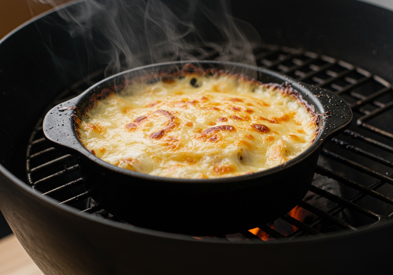 A small gratin dish sizzling inside a fish grill, showing a golden-brown cheese crust.
