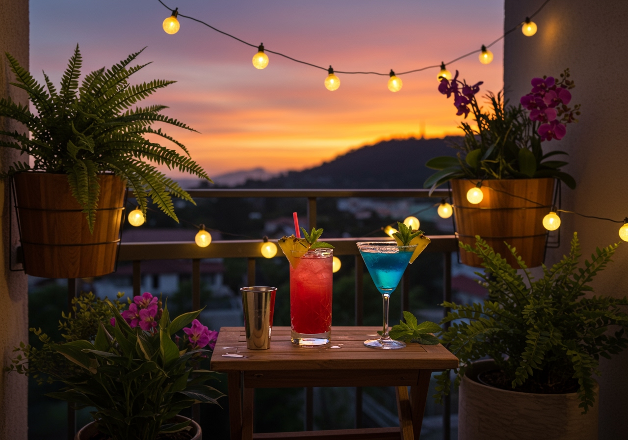 A small, inviting home bar setup on a balcony, with tropical plants, string lights, a couple of colorful cocktails, and a view of the sunset.