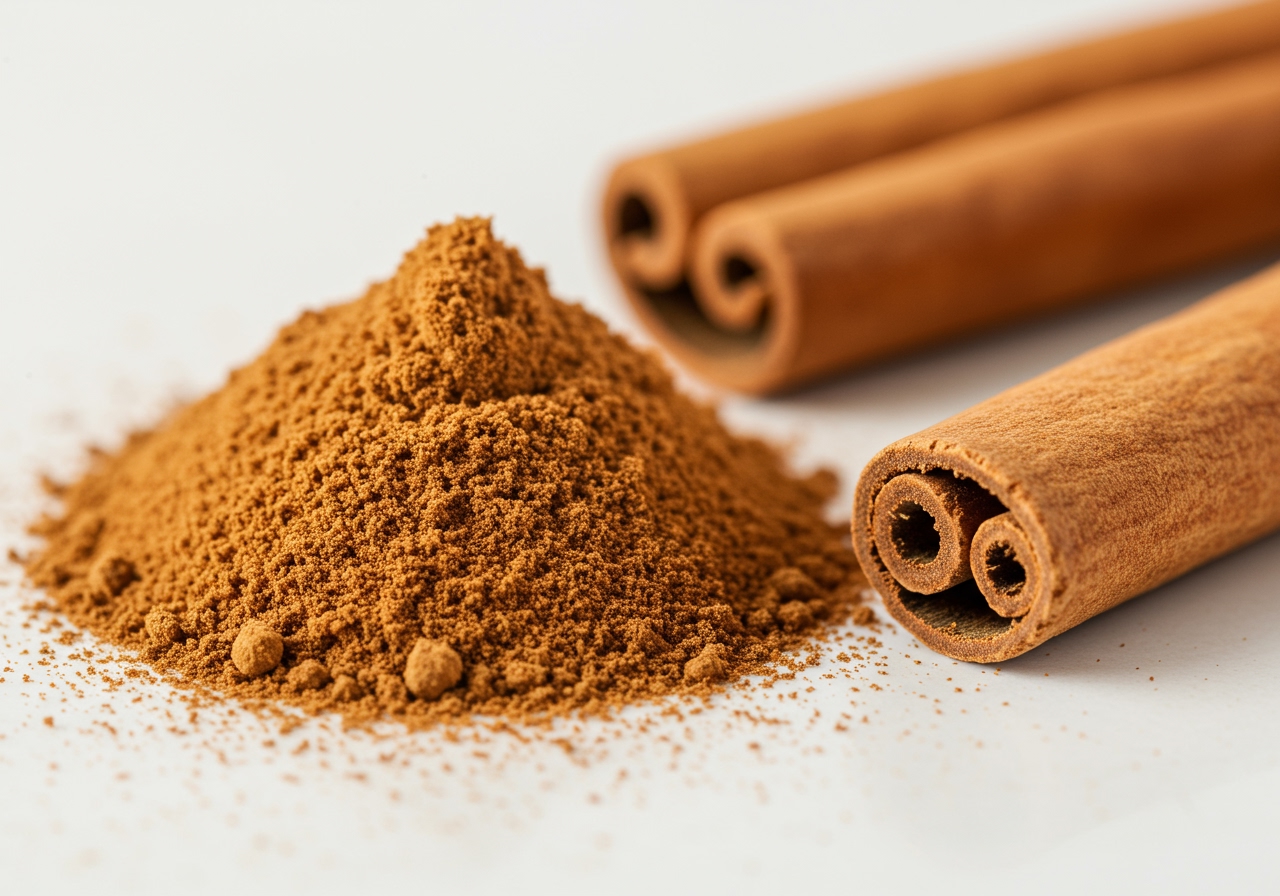 A small pile of ground cinnamon next to a cinnamon stick.