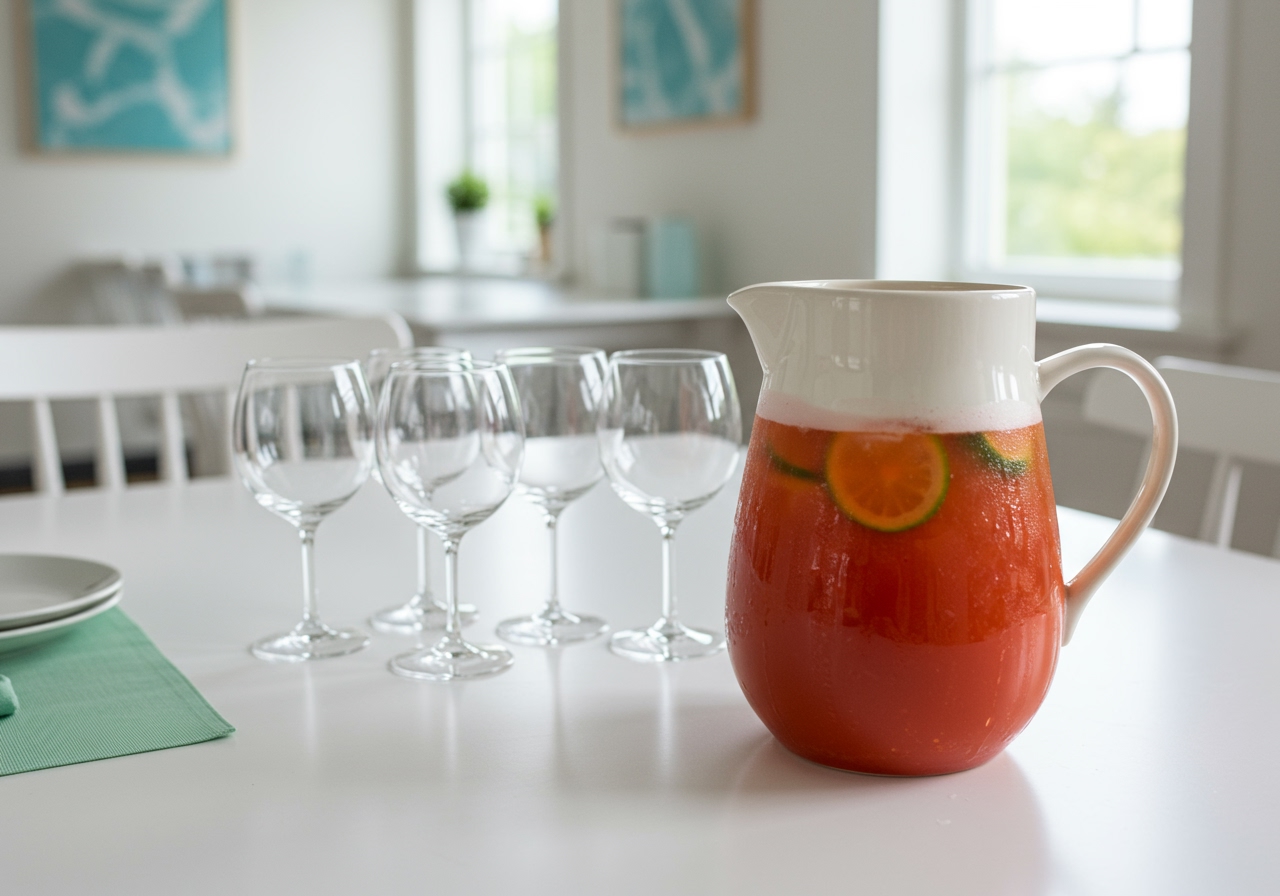 A small pitcher and glasses on a table in a bright room, ready for serving the homemade sports drink.