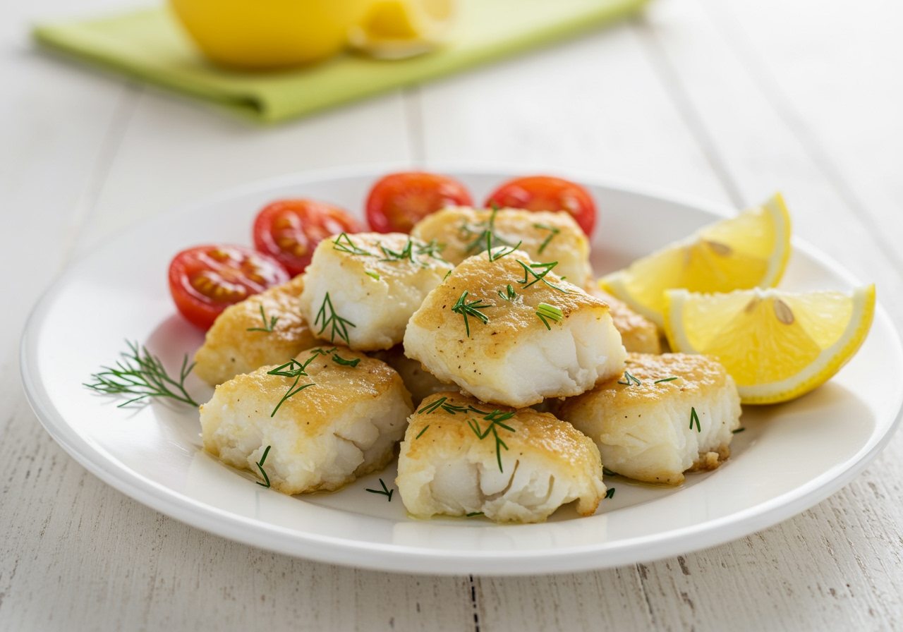 A small plate with bite-sized pieces of baked white fish, perhaps with a sprinkle of herbs, suitable for a child.