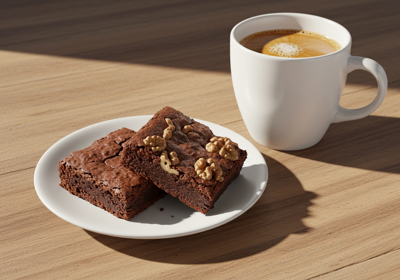 A small plate with two rich brownies, one plain and one with walnuts, next to a cup of coffee.