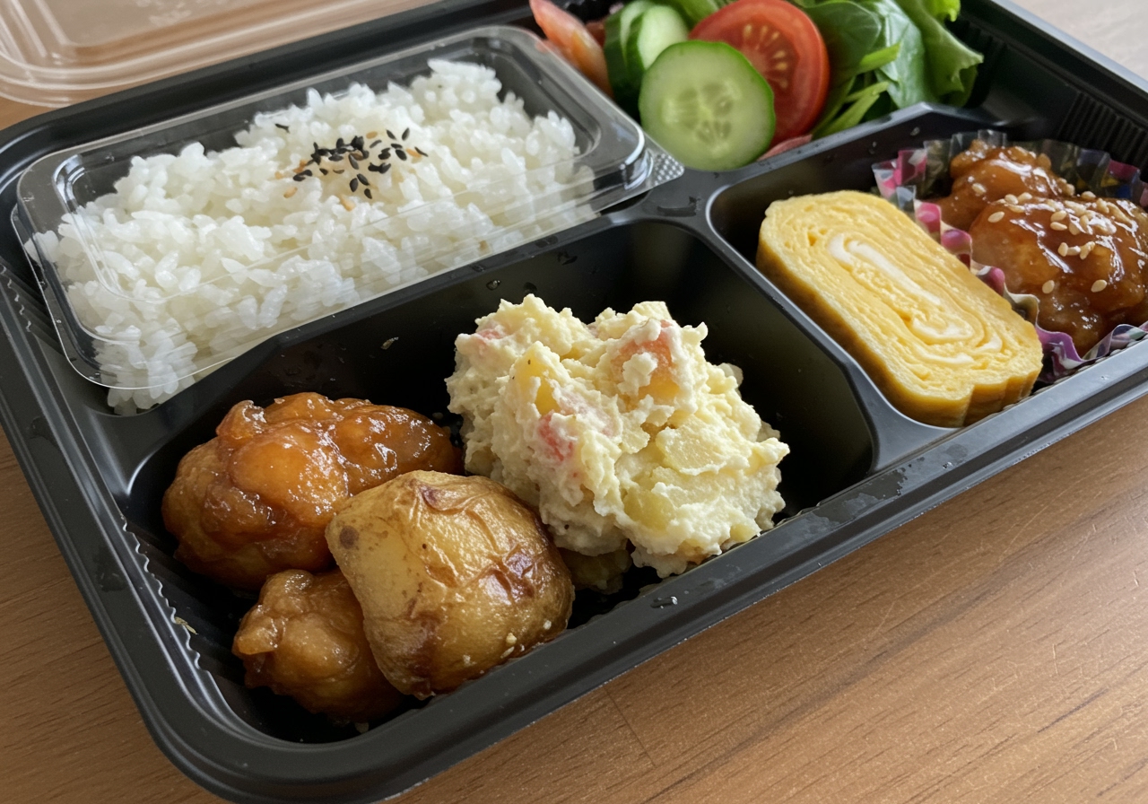 A small portion of smoked potato salad packed neatly into a bento box alongside other lunch items.