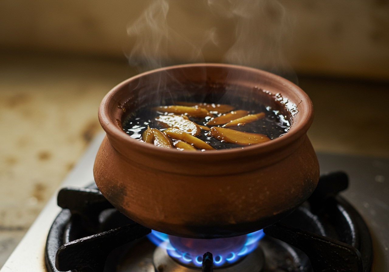 A small pot of dark sugar syrup simmering with ginger slices.