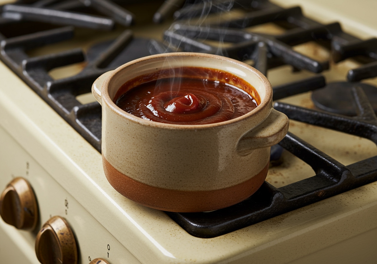 A small pot of homemade BBQ sauce simmering on a stovetop.