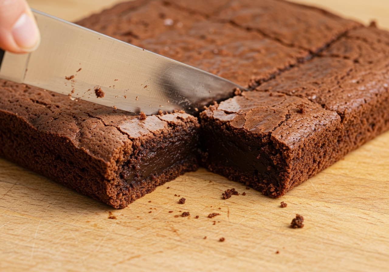 A small square brownie being cut into portions with a knife on a cutting board, showing the moist interior.