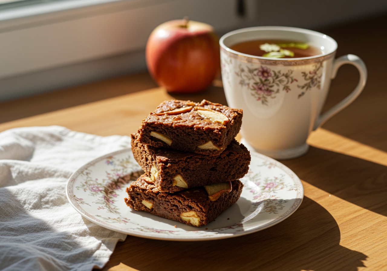 A small stack of healthy apple brownies placed on a delicate white plate next to a cup of herbal tea, with sunlight streaming in through a window, creating a serene and healthy snack moment.