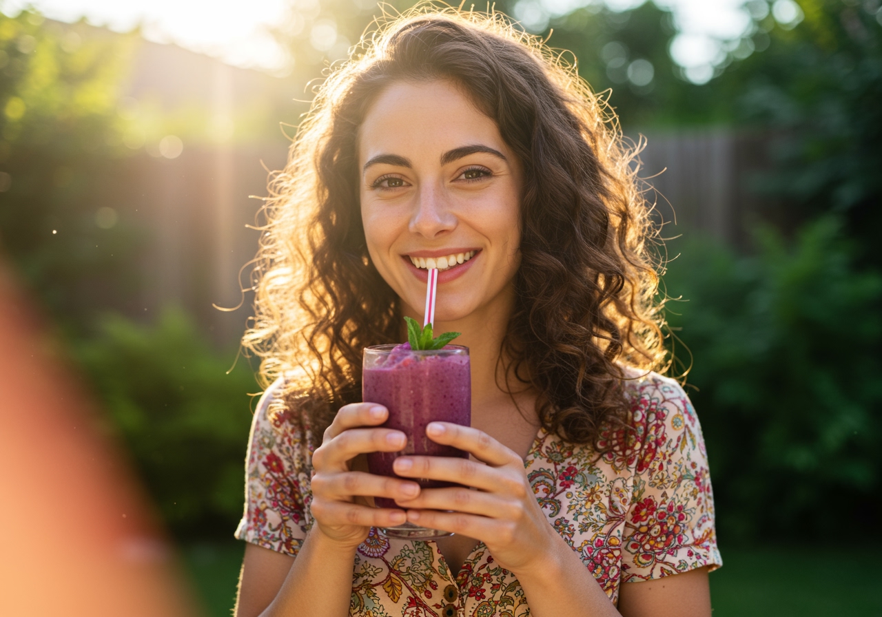 A smiling person enjoying a glass of homemade frozen drink outdoors on a sunny day. The drink looks refreshing and healthy.