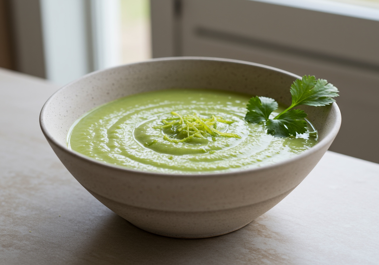 A smooth, light green cold avocado and lime soup in a modern ceramic bowl, garnished with lime zest and a sprig of cilantro.