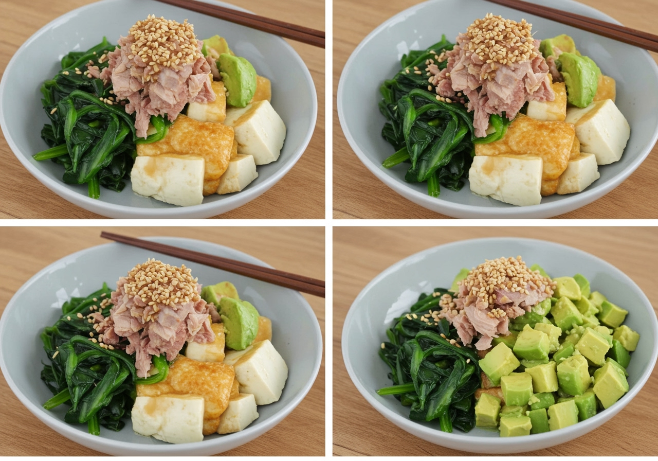 A split image or collage showing two variations of the tuna and tofu aemono: one with added boiled spinach and sesame dressing, and another with added diced avocado and a slightly different dressing.