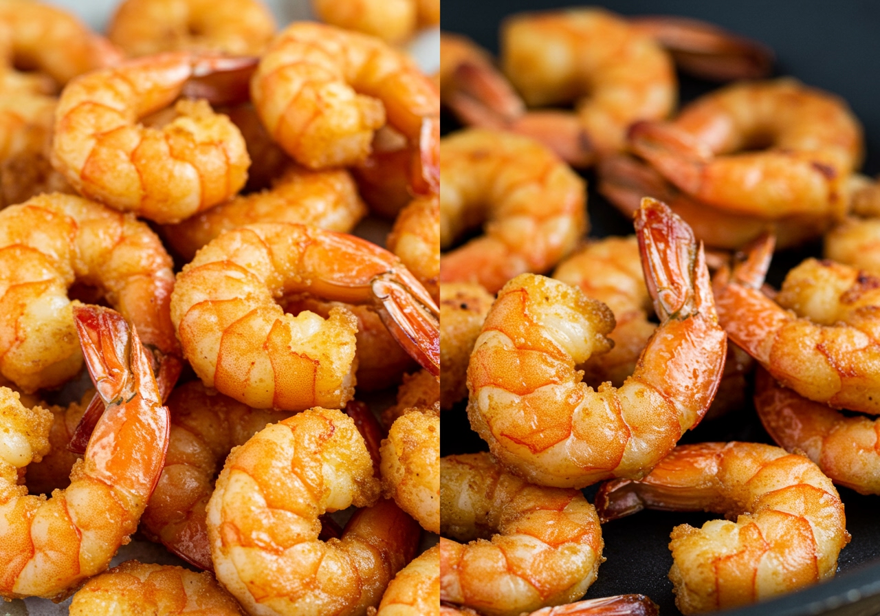 A split image showing air fried shrimp on one side (golden and crispy) and pan-fried shrimp on the other (less uniform color).