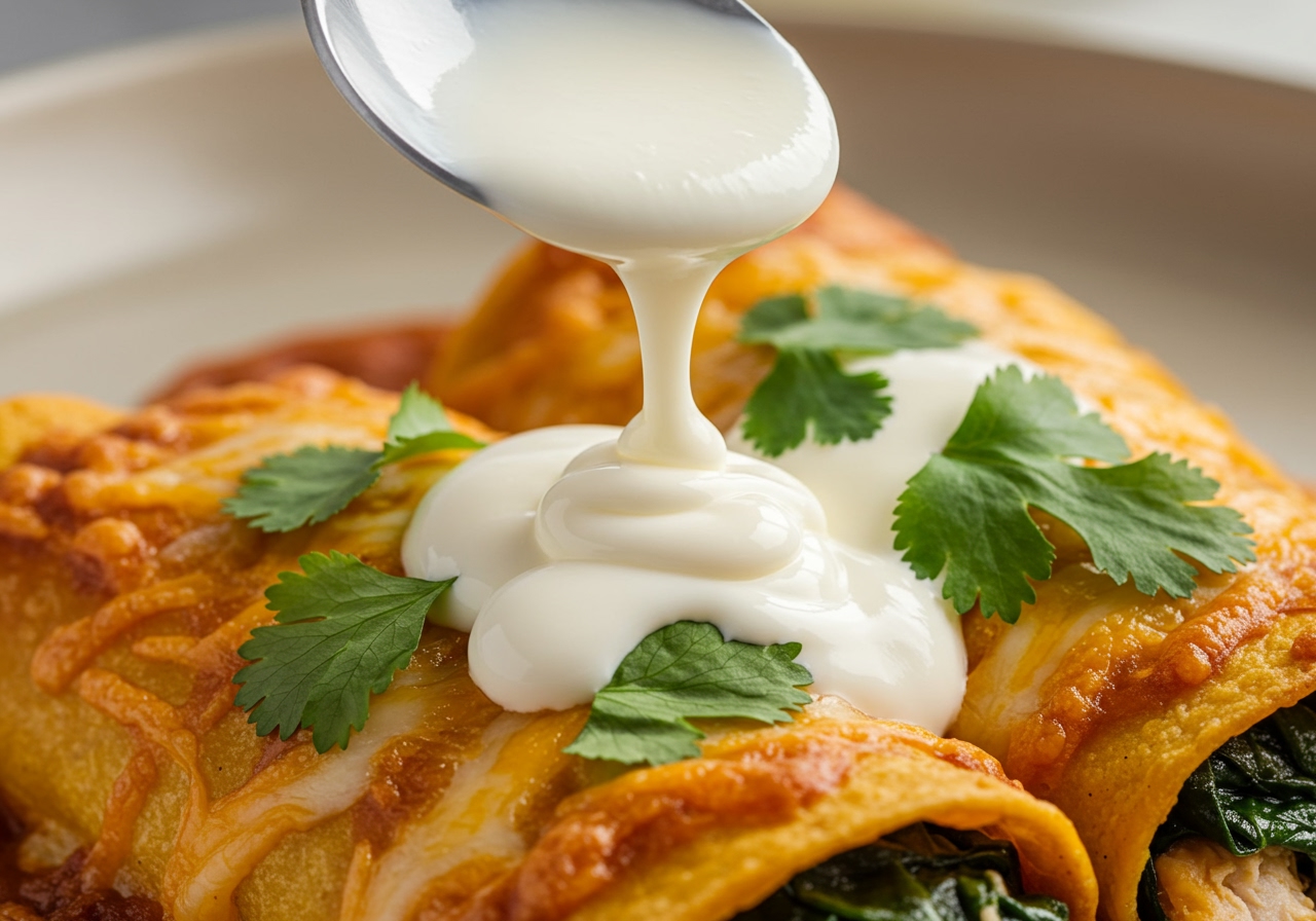 A spoonful of creamy sour cream being drizzled over a freshly baked spinach and chicken enchilada, with a sprinkle of fresh cilantro for garnish, highlighting the texture and richness.