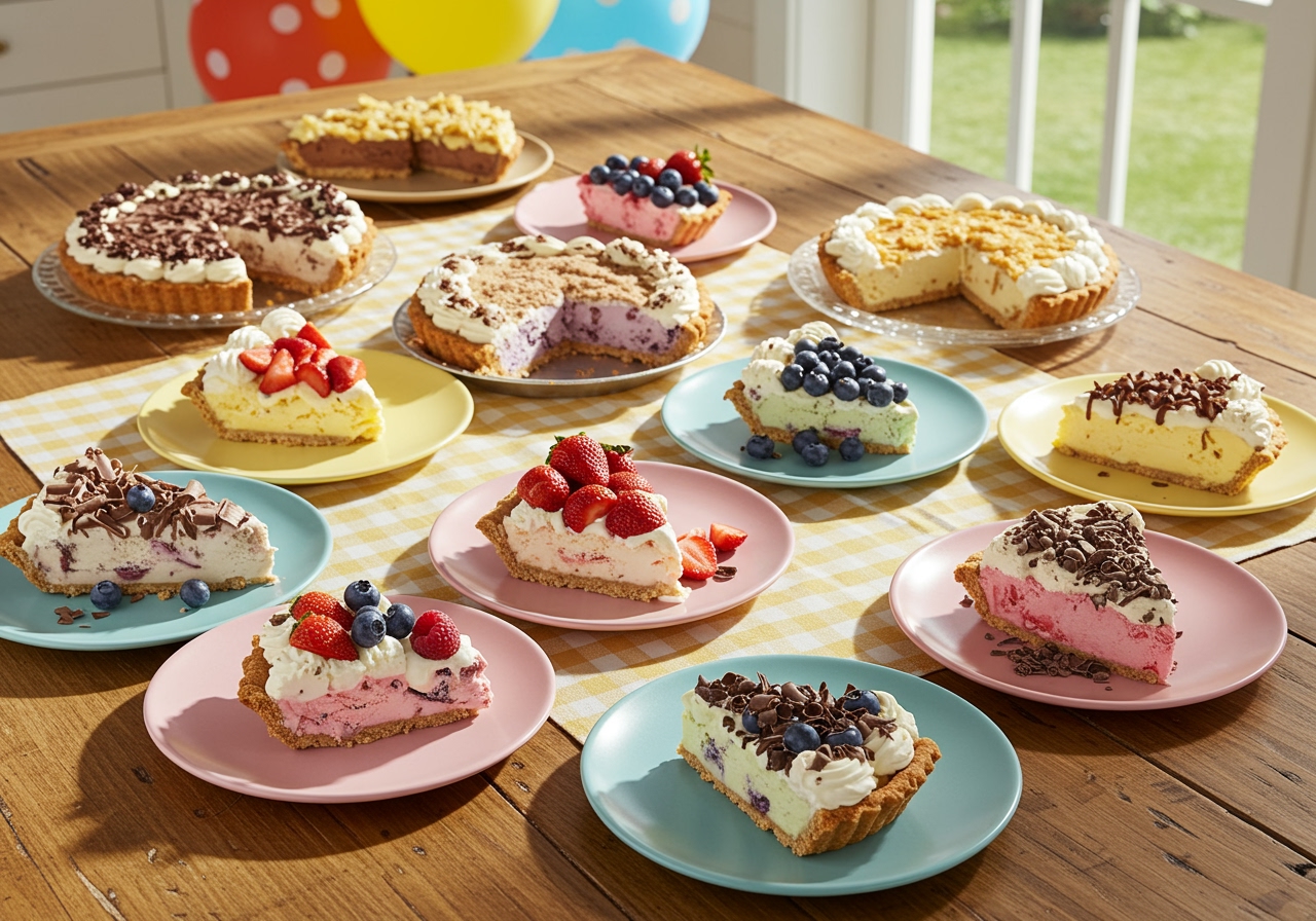 A spread of different slices of ice cream pie on a table, ready for a party