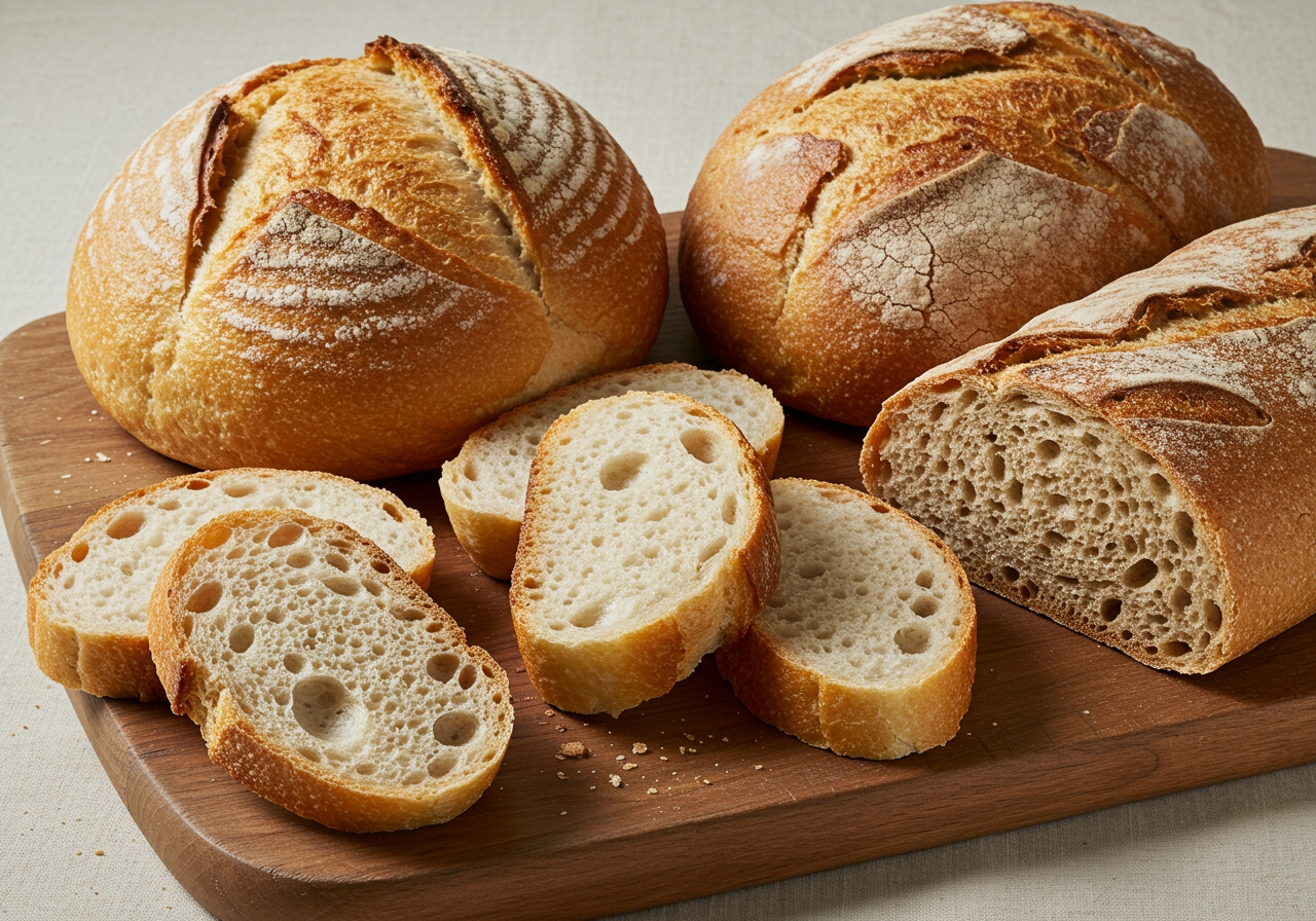 A spread of different types of bread that can be used for the recipe, such as sourdough, baguette slices, and whole wheat bread.