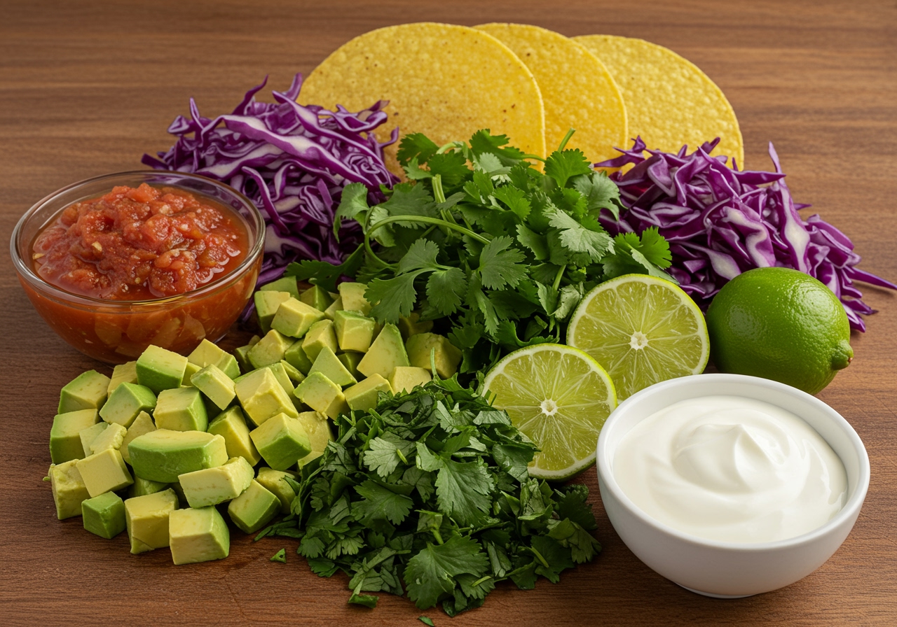 A spread of fresh, colorful taco toppings: diced avocado, homemade salsa, shredded red cabbage, fresh cilantro, lime wedges, and a bowl of sour cream/Greek yogurt.