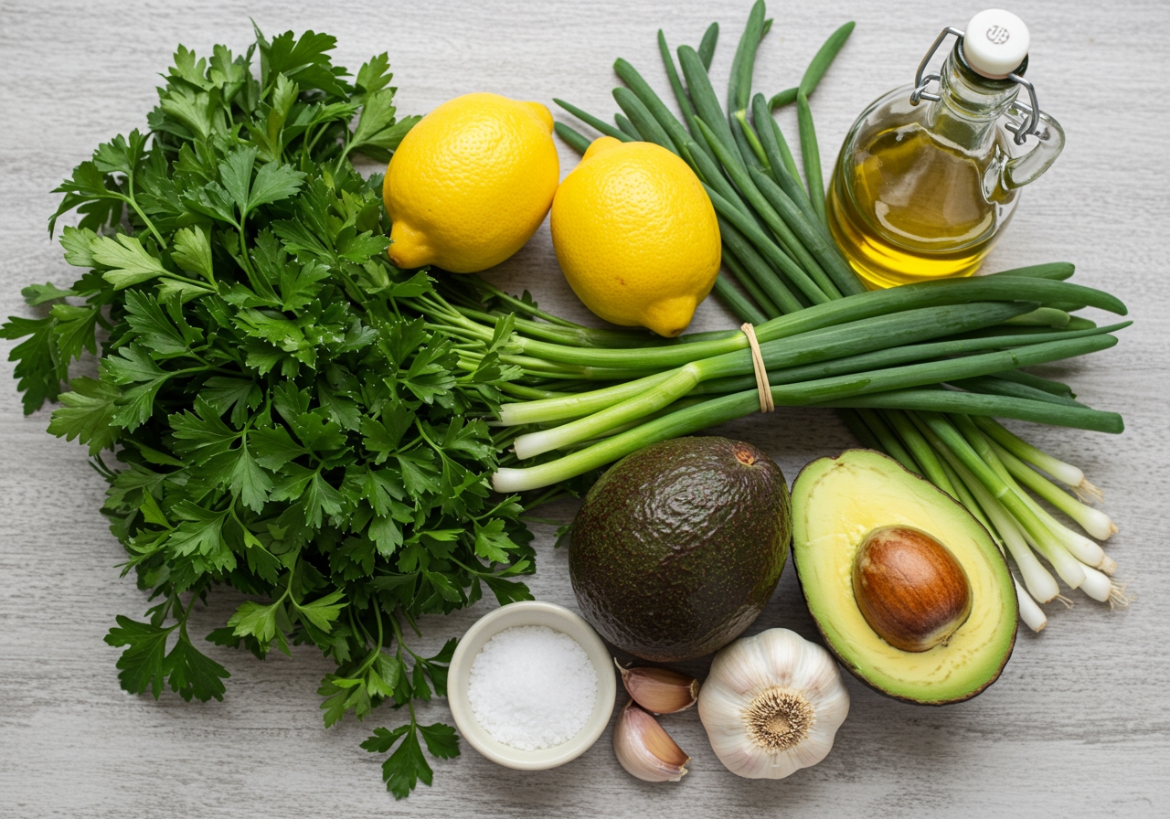 A spread of fresh ingredients commonly used in green goddess dressing: vibrant green herbs like parsley, chives, tarragon, a ripe avocado cut in half, lemons, garlic cloves, and a bottle of olive oil.