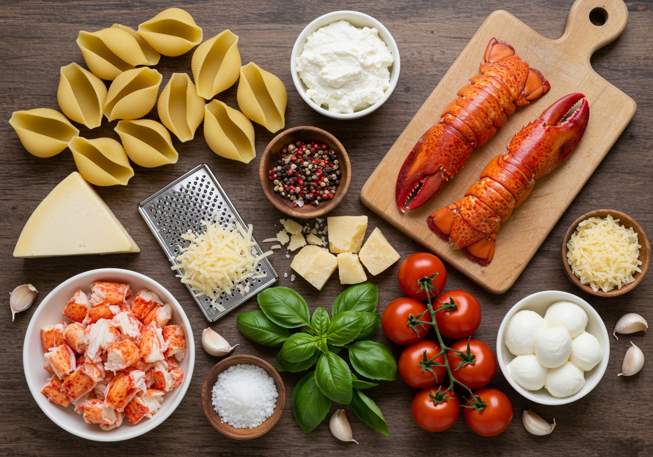 A spread of fresh ingredients for lobster stuffed pasta shells: uncooked large pasta shells, cooked lobster meat, ricotta cheese, parmesan, mozzarella, ripe tomatoes, fresh basil, and garlic cloves, arranged on a rustic wooden table.