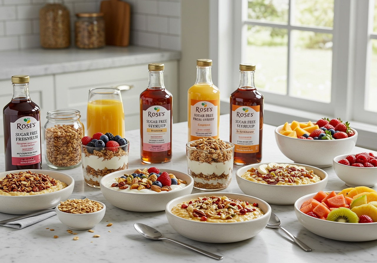 A spread of healthy breakfast items like yogurt parfaits, oatmeal, and fresh fruit bowls, all artfully drizzled with Rose's new sugar-free syrups, emphasizing a healthy lifestyle.