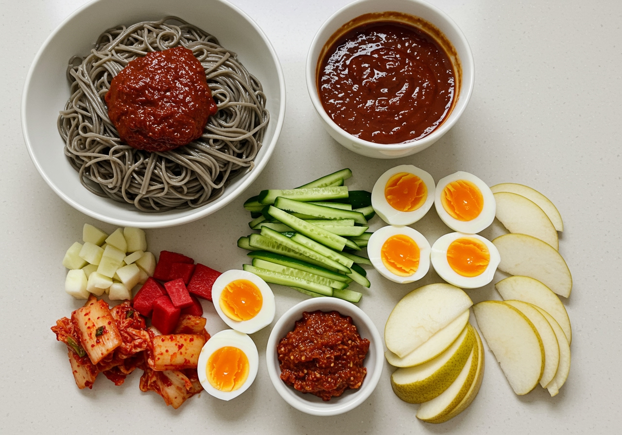 A spread of ingredients for Bibim Naengmyeon preparation laid out on a clean surface: a portion of cooked and chilled dark noodles, a bowl of red bibim-jang sauce, piles of various colorful toppings like julienned cucumber, sliced radish kimchi, boiled egg halves, and sliced Korean pear.