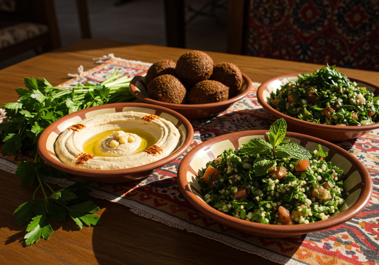 A spread of traditional Middle Eastern mezzes, including hummus, falafel, and a bowl of tabbouleh (can be bulgur or quinoa version, focus on the context).