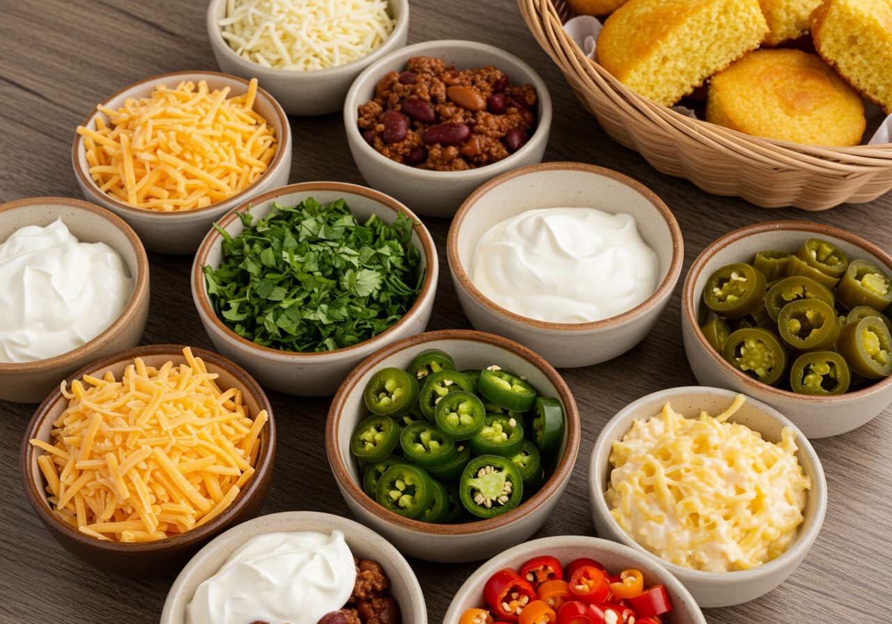 A spread of various chili toppings in small bowls: shredded cheese, chopped cilantro, sliced jalapeños, sour cream, and a basket of cornbread.