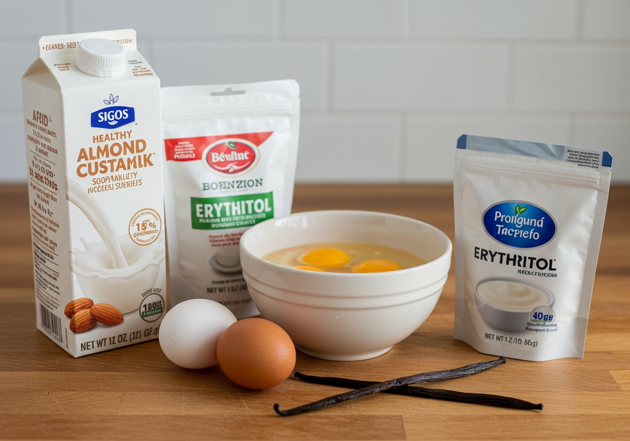 A spread of various ingredients for healthy custard: a carton of almond milk, fresh eggs in a bowl, a small bag of erythritol, and a vanilla bean, arranged neatly on a wooden table. Bright, clean lighting.