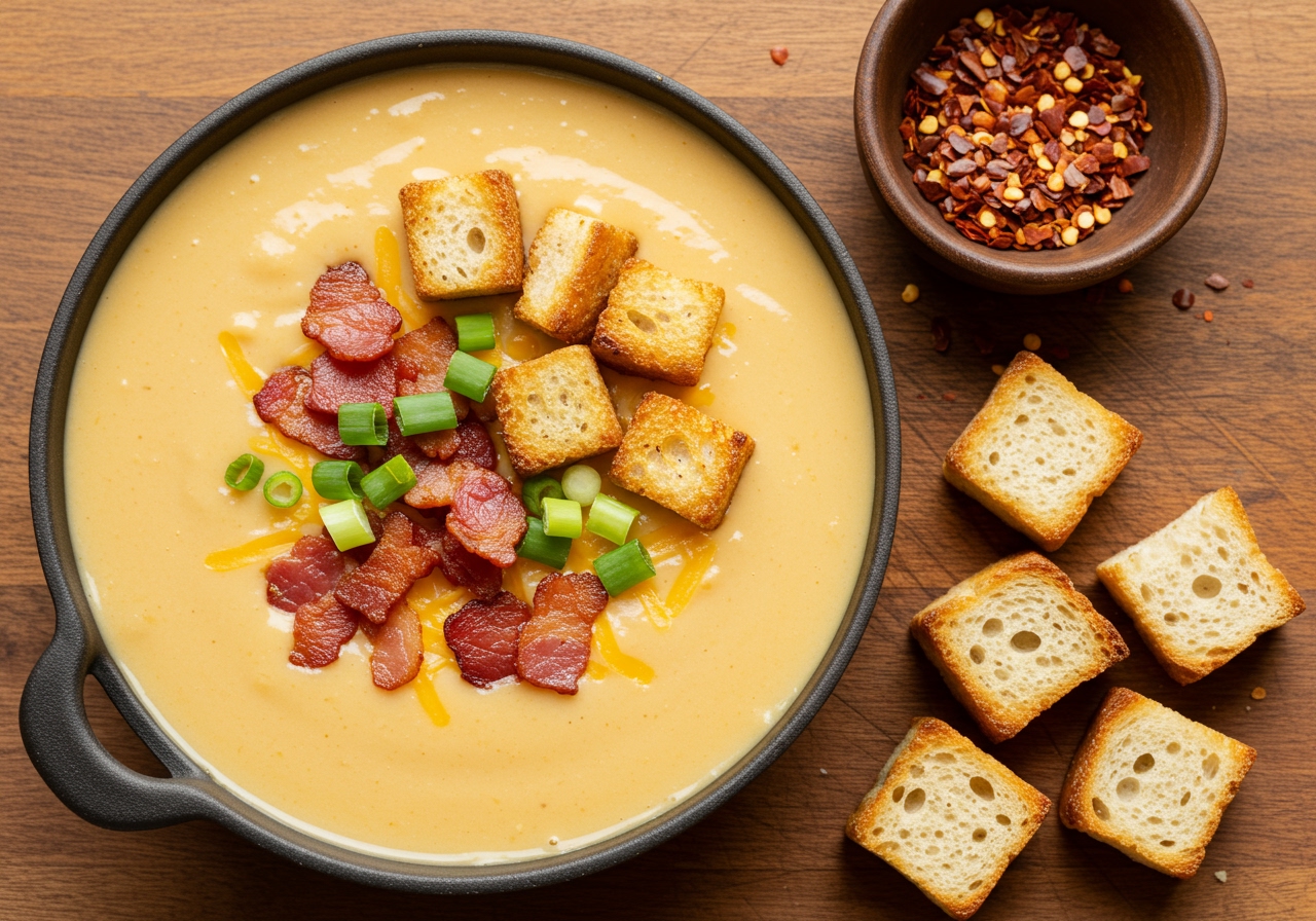 A spread of various toppings for beer cheese soup: crispy bacon bits, chopped green onions, homemade croutons, and a small bowl of spicy chili flakes.