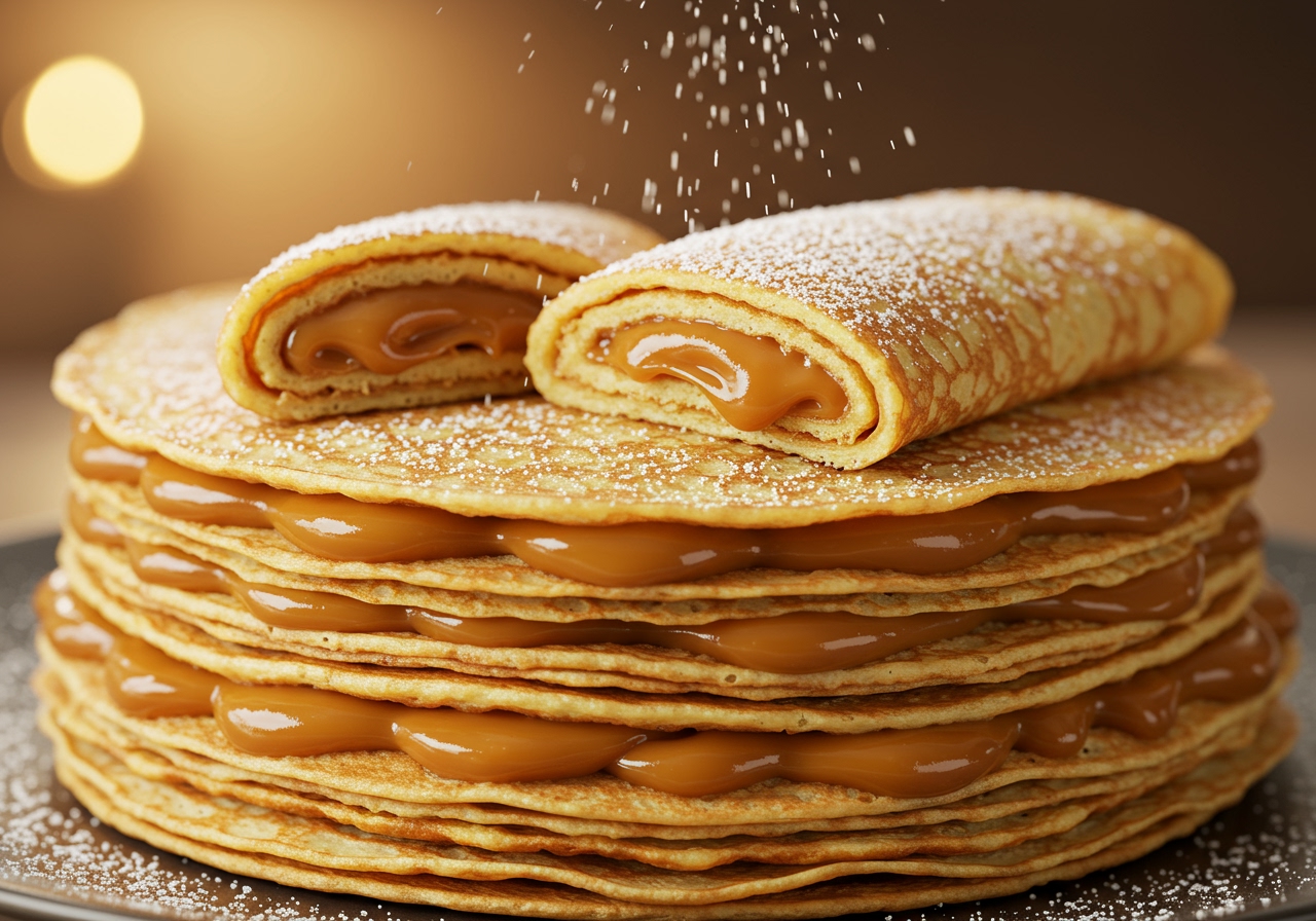 A stack of crepes filled with dulce de leche, dusted with powdered sugar.