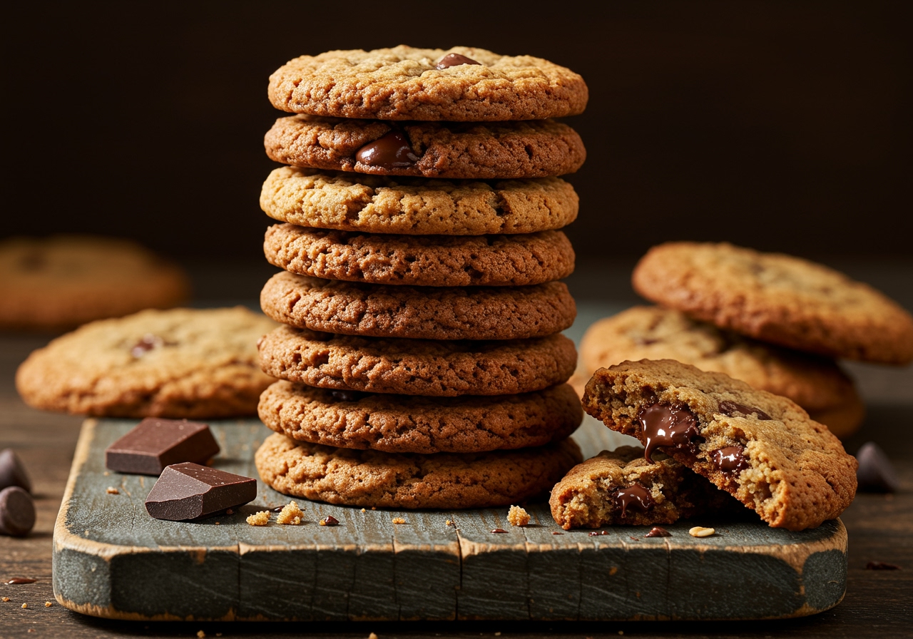 A stack of easy oatmeal chocolate chip cookies on a rustic wooden board, with some chocolate chips scattered around, in a warm, inviting light.