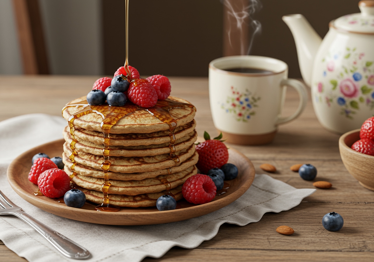 A stack of fluffy, golden-brown almond flour pancakes drizzled with maple syrup and topped with fresh berries, on a rustic breakfast table setting.